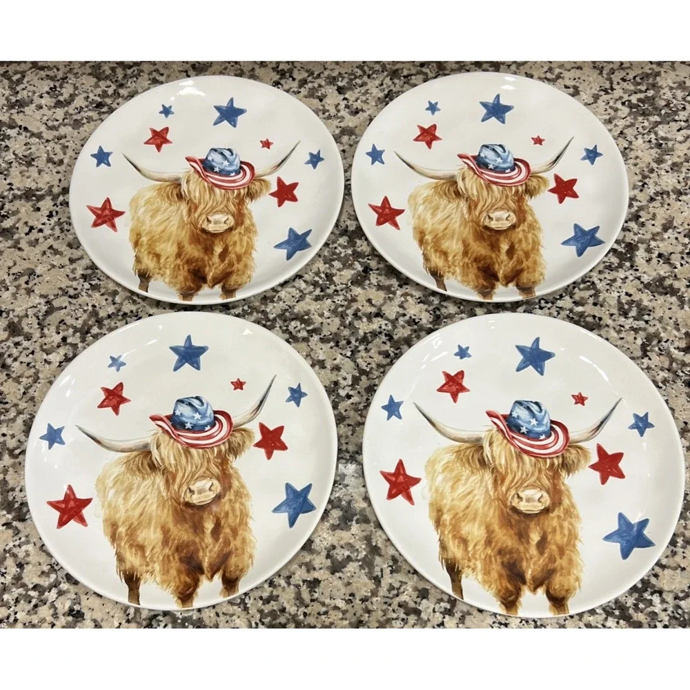 Set Of 4 Hobby Lobby Patriotic Highland Cows Plates Cowboy Hat Ceramic